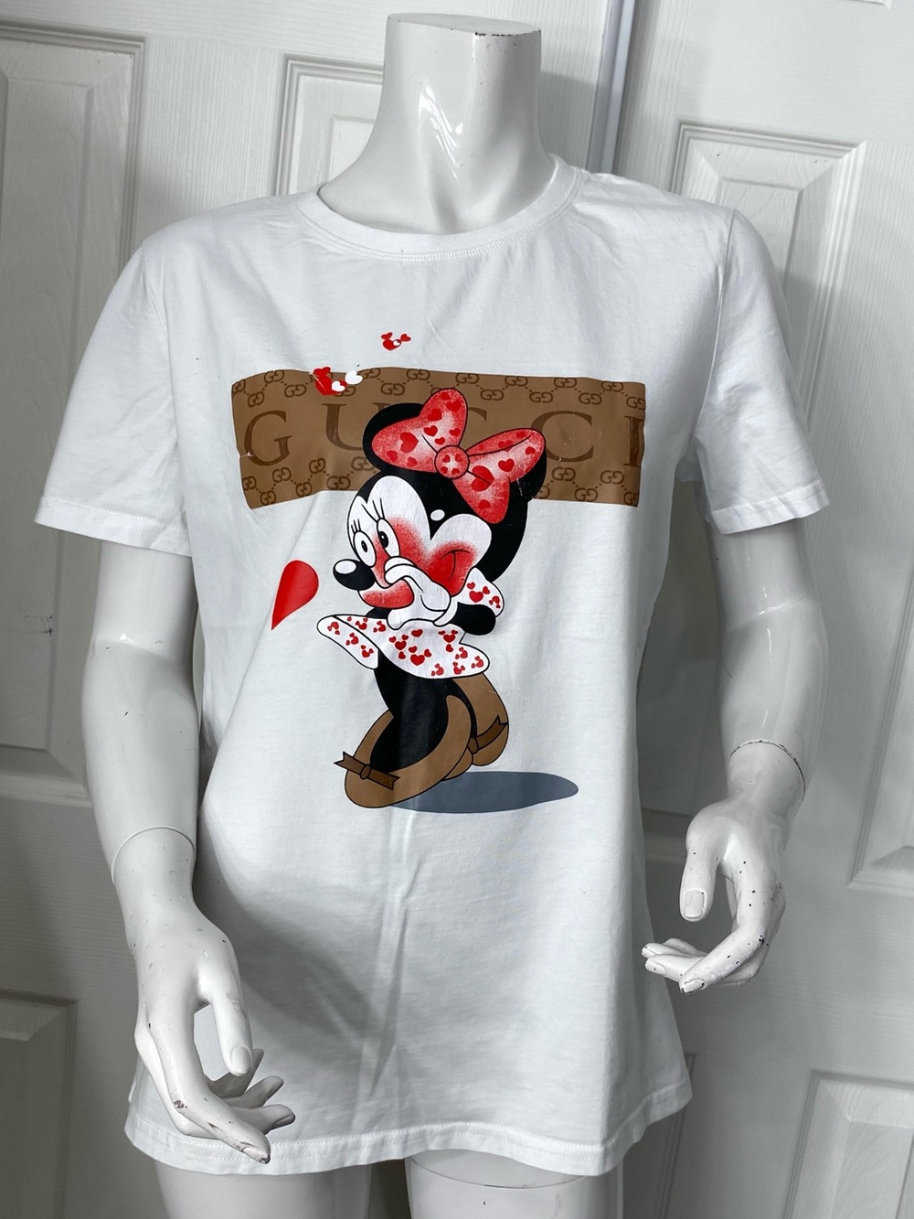 Gucci White Short-Sleeve Tee with Minnie Graphic and Brown Logo Panel